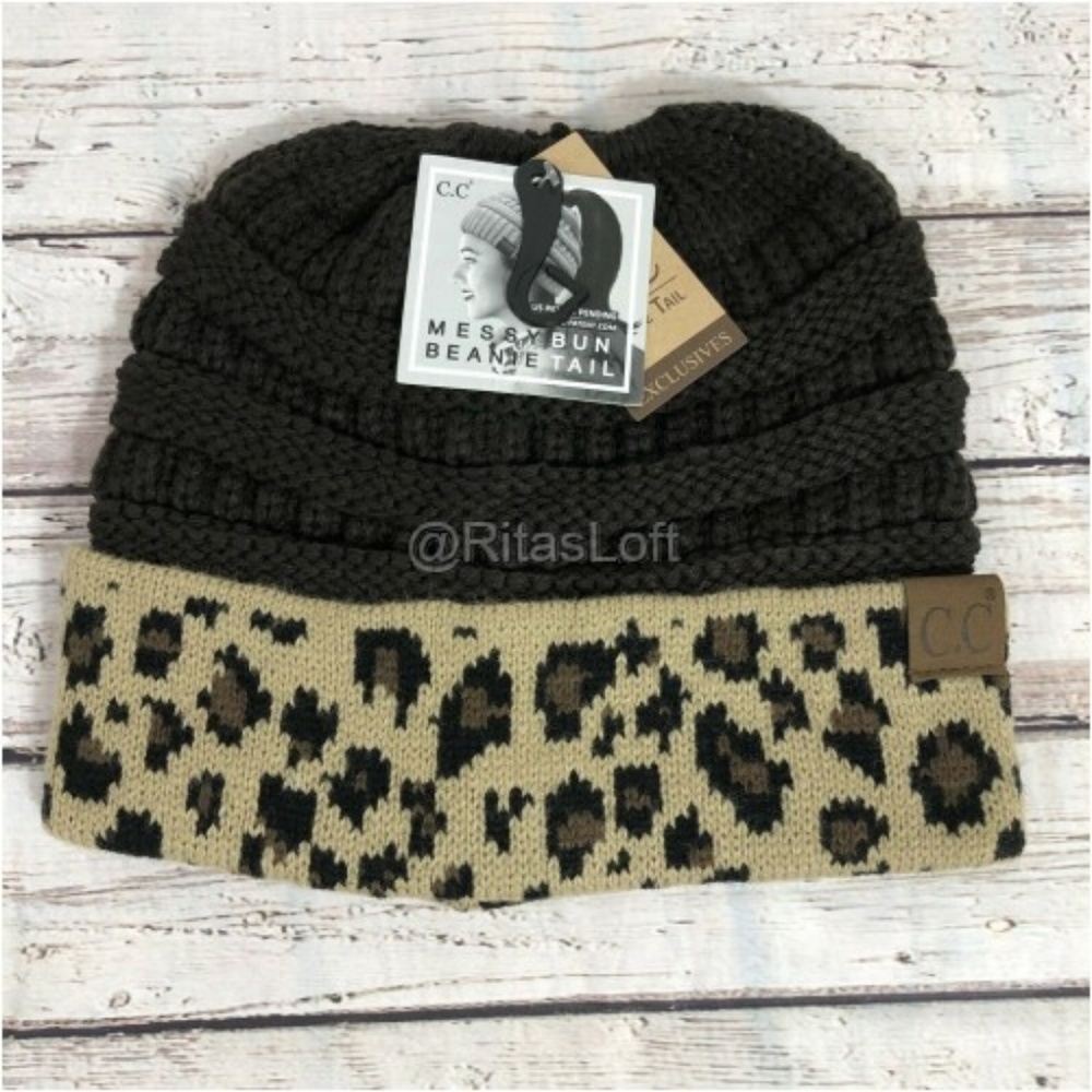 CC Beanie Tail Ponytail Cap Hat‎ Leopard Print